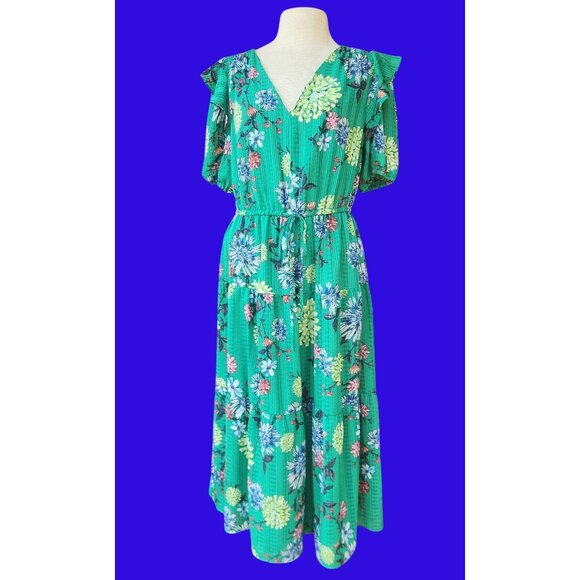 Green Floral Midi Dress With V-Neckline & Ruffled Sleeves Ladies Size L - Picture 1 of 10